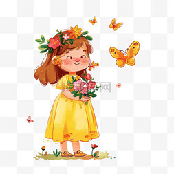花朵上的蝴蝶飞舞图片_春天可爱女孩手绘花朵卡通元素