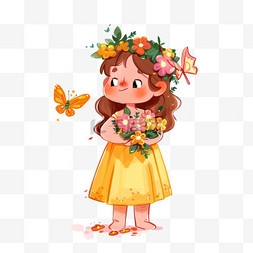 花朵上的蝴蝶飞舞图片_春天手绘可爱女孩花朵卡通元素