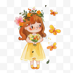 花朵上的蝴蝶飞舞图片_可爱女孩春天花朵卡通手绘元素