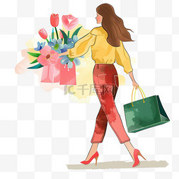红色卡通花朵图片_妇女节女人卡通购物手绘元素
