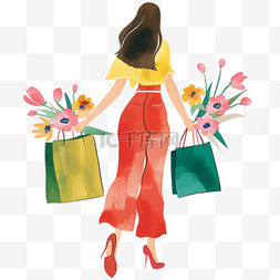 购物袋手绘图片_女人购物卡通妇女节手绘元素