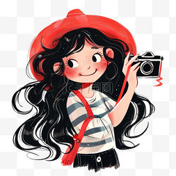 红色拍照背景图片_手绘可爱的女孩拍照卡通元素