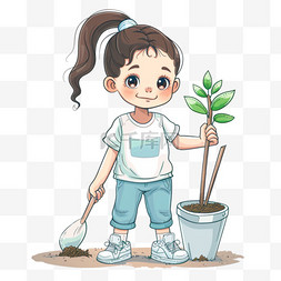 女孩马尾图片_植树节女孩植树卡通手绘元素