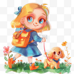 小狗在草地上图片_可爱女孩春天卡通手绘元素