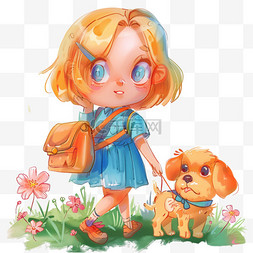 小狗在草地上图片_春天可爱女孩手绘卡通元素