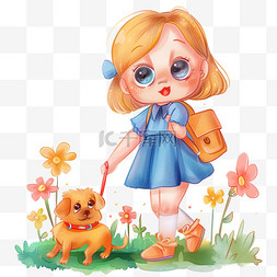 小狗在草地上图片_卡通手绘春天可爱女孩元素