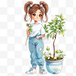 蓝色运动裤图片_植树节女孩卡通植树手绘元素