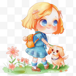 小狗在草地上图片_春天可爱女孩卡通手绘元素
