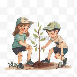 植树节卡通2个孩子植树手绘元素