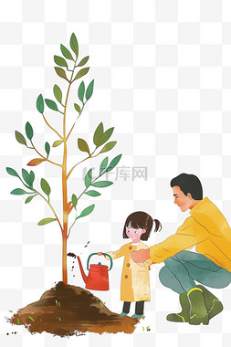植树节可爱孩子植树手绘卡通元素