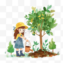 植树节元素女孩植树卡通手绘