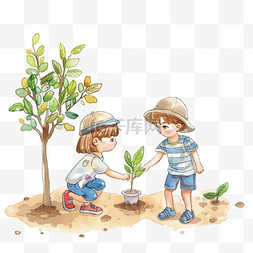 植树节图片_2个孩子植树卡通植树节手绘元素
