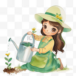 可爱女孩卡通手绘浇水种树元素