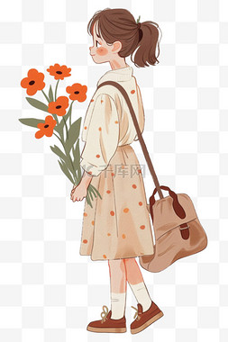 鞋子包包图片_卡通妇女节元素女人拿着鲜花手绘