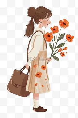卡通手绘妇女节女人拿着鲜花元素
