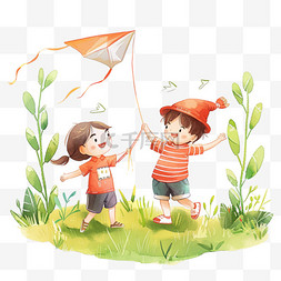 春天放风筝元素孩子手绘免抠