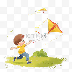 春天卡通男孩放风筝手绘元素