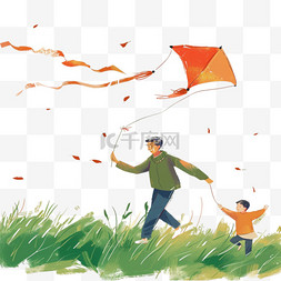 清明上图片_父子草丛放风筝手绘春天元素