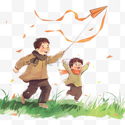 玩耍的男孩图片_春天父子元素草丛放风筝手绘