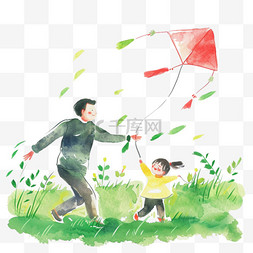 卡通放风筝背景图片_春天父子草丛元素放风筝手绘