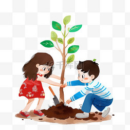 卡通男孩卡通女孩图片_一家人植树手绘植树节插画元素