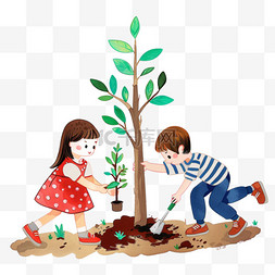 植树节一家人植树插画手绘元素