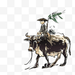 水墨画背景免抠素材图片_清明节牧童放牛免抠元素手绘