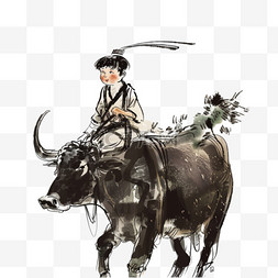 水墨画背景免抠素材图片_清明节放牛牧童手绘免抠元素