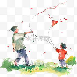 春天手绘父子草丛放风筝元素