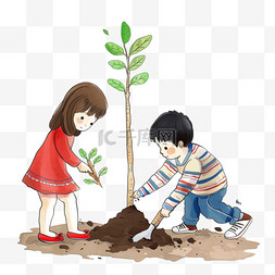 手绘插画植树节一家人植树元素