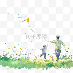 卡通放风筝背景图片_父子草丛春天放风筝手绘元素