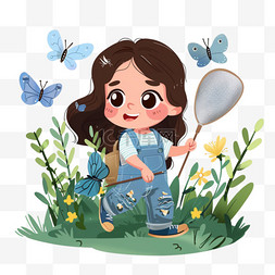 女孩抓蝴蝶春天植被卡通手绘元素