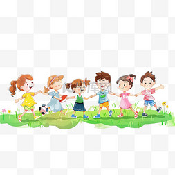 6彩色图片_一群孩子手绘草地上玩耍卡通元素