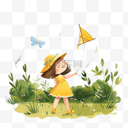 女孩草地放风筝春天卡通手绘元素