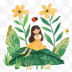 绿叶瓢虫素材图片_春天女孩植物手绘花朵插画元素