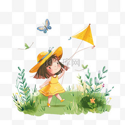 春天女孩草地放风筝手绘元素卡通