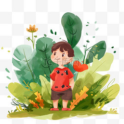 植物男孩春天卡通手绘元素