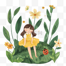 春天女孩植物插画花朵手绘元素