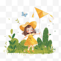 女孩春天草地放风筝卡通手绘元素