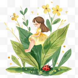 七星瓢虫可爱图片_春天插画女孩植物花朵手绘元素