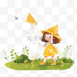 春天女孩草地卡通放风筝手绘元素