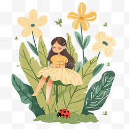 春天女孩植物花朵手绘插画元素