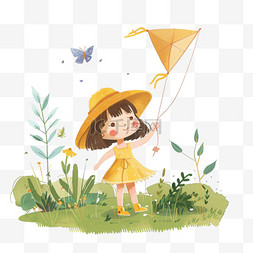 女孩草地放风筝卡通手绘元素春天