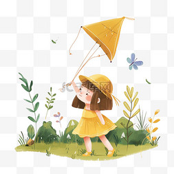 女孩草地放风筝卡通手绘春天元素