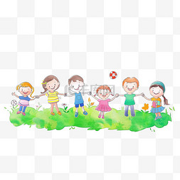 一群孩子草地上玩耍元素卡通手绘
