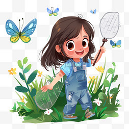 植被绿色图片_春天女孩抓蝴蝶植被手绘元素卡通