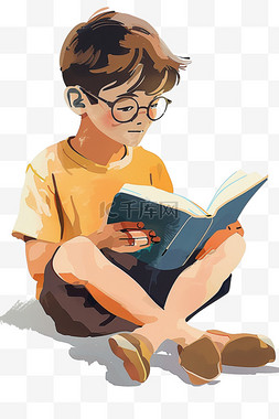 坐在长椅上的看书图片_读书手绘男孩插画元素