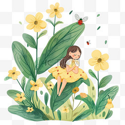 插画春天女孩植物花朵手绘元素
