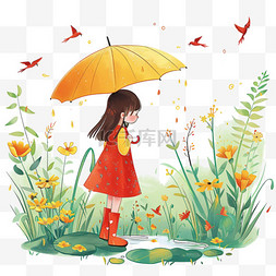 白色花伞图片_手绘春天春雨可爱女孩植物元素