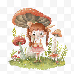春天可爱女孩元素植物蘑菇手绘